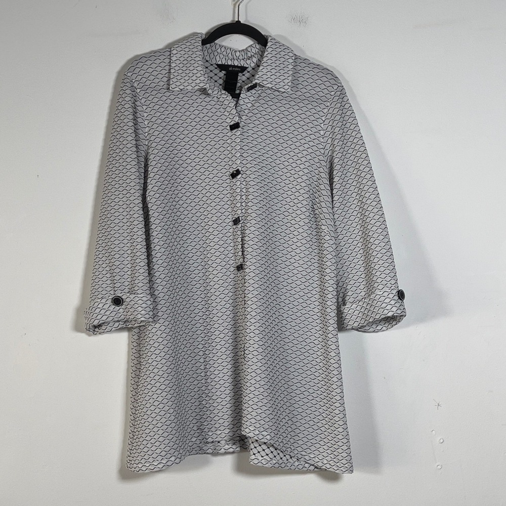 Ali Miles Tunic Top Women Sz L White Black Textured 3/4 Sleeve Geometric